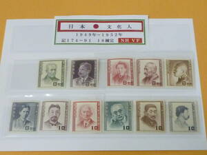 23　S　№12　日本切手　1949-52年　文化人　18種完の内　記180-91　計11種　未使用NH・VF　【型価 20,900円】　
