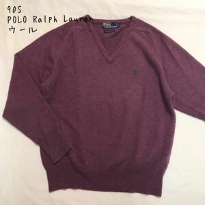 90s POLO Ralph Lauren ポロラルフローレン Vネックセーター ニット ウール L 紫 ユニセックス 古着