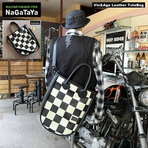 Vin&Age bin and edge TYPE VBG6 leather tote bag original leather kau leather Biker BAG checker flag pattern Street 