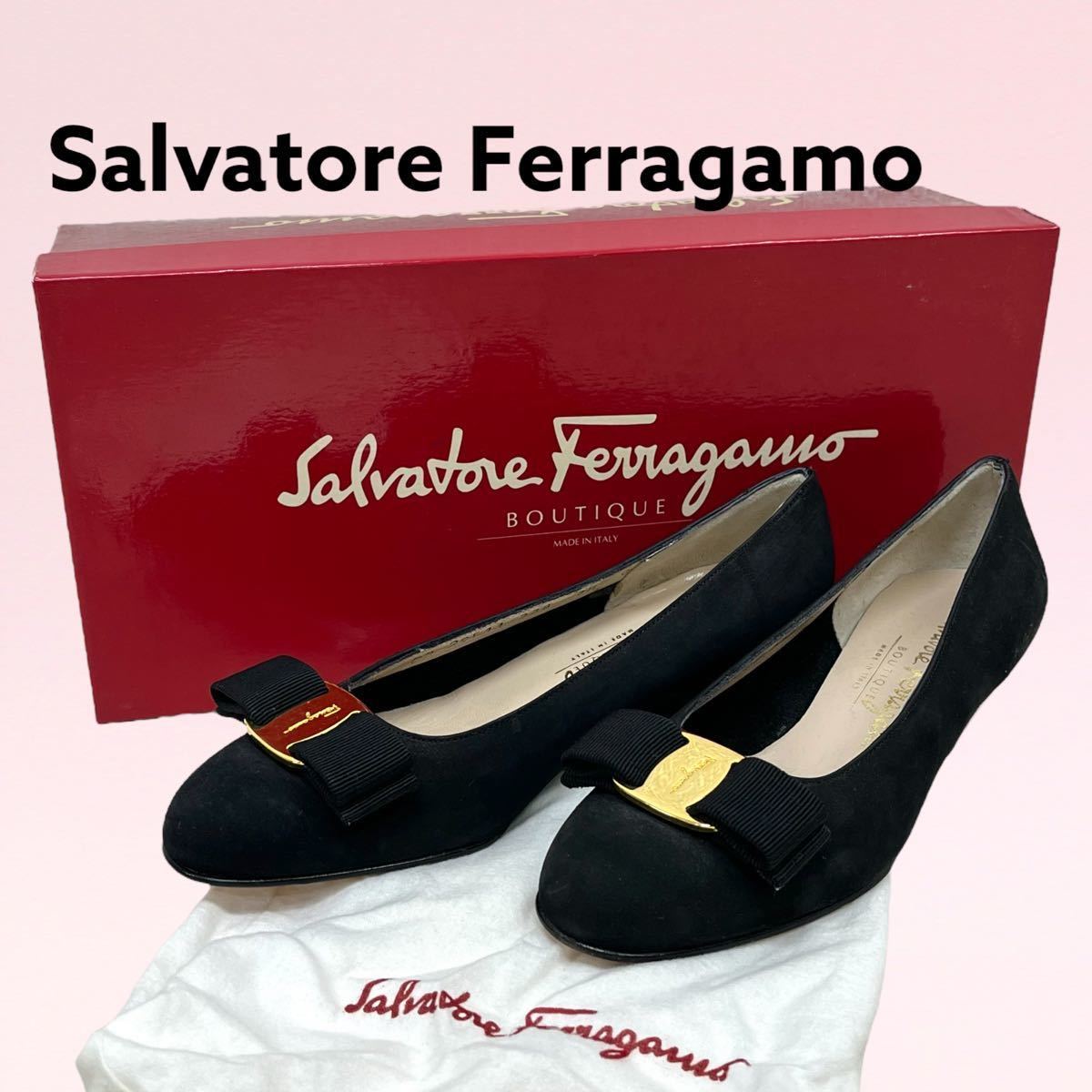 123ABA Salvatore サルヴァトーレ Ferragamo Ferragamo スエードレザー フェラガモ フェラガモ サンダル ヴァラリボン アンクルストラップ付き 箱保存袋付き 黒色 Salvatore