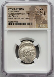 古代ギリシャ　アッテカ アテネ　テトラドラクマ銀貨　フクロウ　BC440-404　NGC MS Strike:3/5 Surface:４/5