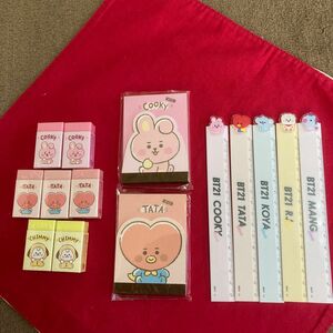 BT21シークレット消しゴム　7個、ダイカットミニメモ　2冊、ダイカットマスコット付き 14cm 定規　5本セット