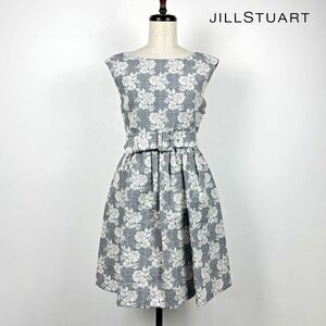 美品 JILLSTUART ジル スチュアート Aライン 花柄フレアワンピース 膝丈 ウエストベルト ギンガムチェック グレー サイズ2*TB1347