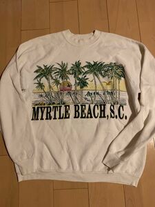 90's【Fruit of the loom】USA製フルーツ オブ ザ ルーム ラグラン スウェット XL ビンテージ 両面プリントホワイト系 MYRTLE Beach