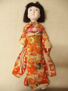 0720144w【古い市松人形】日本人形/全長60cm程/劣化やイタミ目立つ/ちりめん？着物/ガラス目/昭和レトロ/経年品