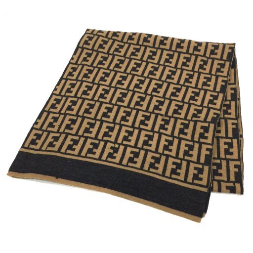 FENDI フェンディ ウールマフラー ズッカ柄 格子 ストライプ ブラウン