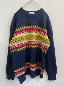 【良品】　90s　BEN CARIS　総柄　Design Knit　デザインニット　ノルディック　セーター　ネイビー　メンズ　Mサイズ　日本製　古着
