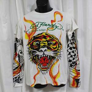 エドハーディー ED HARDY メンズダブルスリーブTシャツ ホワイト Sサイズ 新品 長袖 TIGER ロンティー TIGER タイガー