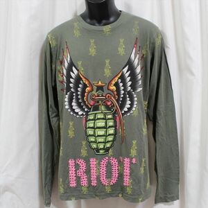 クリスチャンオードジェー Christian Audigier メンズ長袖Ｔシャツ グリーン Mサイズ 新品 ロンティー