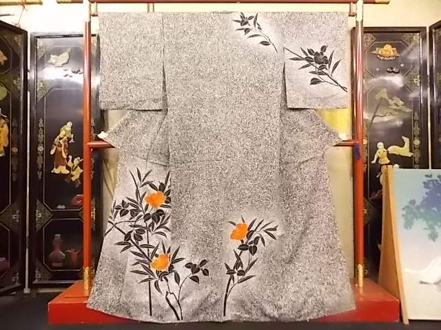 Kimono Konjaku 4550, Tsukesage, Wide collar, Hand-sewn, Black glue, Hand-painted bamboo and camellia pattern, Almost unused, No problems, Excellent condition, Length 161cm, fashion, Women's kimono, kimono, Tsukesage