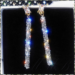 [EARRING] Gold Plated Super Shining Stick バゲット クリスタルCZ スーパー シャイニング 50mm スティック ダングル ピアス 【送料無料】