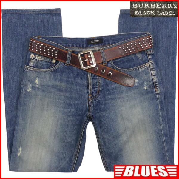 即決★BURBERRY BLACK LABE★W32位 デニム ジーンズ 廃盤 バーバリーブラックレーベル メンズ 73 ノバチェック ダメージ加工 ナイト刺繍