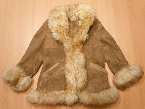 * wool leather * patchwork Ram fur mouton coat 11* old clothes Brown burns tea color retro *h