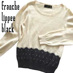 franche lippee black フランシュリッペブラック★ニットセーター ニットプルオーバー ウール混 ドット リボン 白×黒 ホワイト×ブラックM