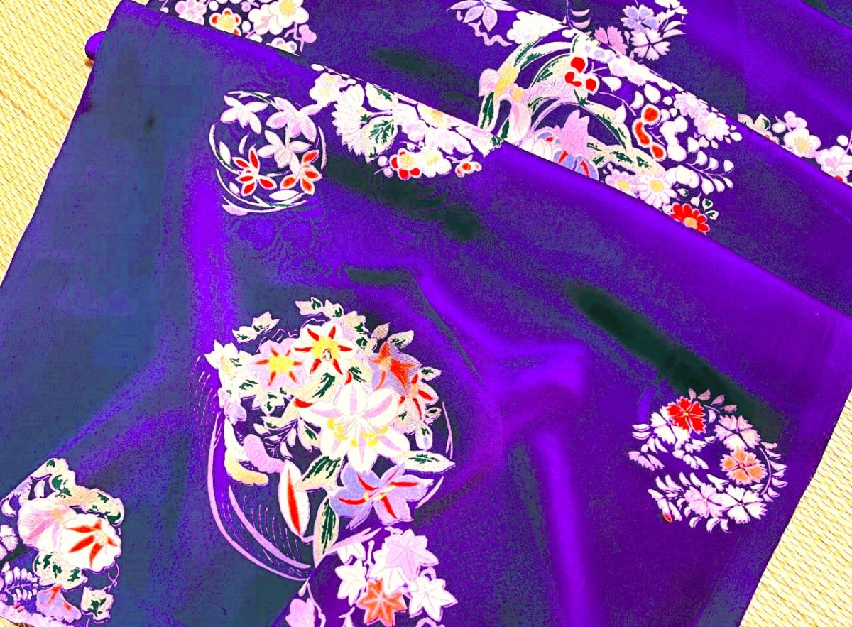 中華のおせち贈り物 小紋 菊 紫色 広衿 着丈152 裄丈65 正絹