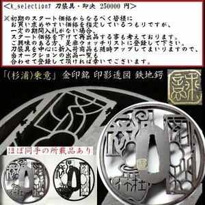 【刀装具 #2640 ★特別出品★】（鍔） 「（杉浦）乗意」 金印銘 印影透図 鉄地鍔 参考資料有 【極上の透し細工！文句なしの傑作鍔】