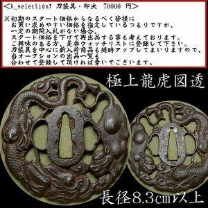 【刀装具 #2671】 ≪A級≫ （鍔） 無銘の大作！長径8.3㎝以上 見事な龍虎図透かし 鉄地大鍔　備考：【見応え抜群の一品】