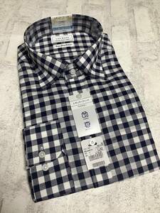 新品★43-82 LLサイズ 定価4,900円の品　綿麻チェックシャツ　ワイドカラー　紺色ネイビーのクールビズ対応のカッターシャツ　