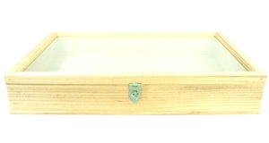 ビンテージ 木製コレクションケース ディスプレイケース ロック付き ナチュラル 幅45cm 奥行き26cm 高さ8cm 小物入れ等にも。　MEK 412