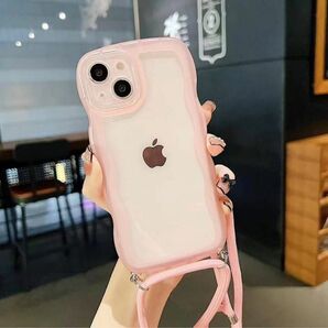 iPhoneケース　ショルダー　シリコン　ストラップ　ウェーブ　波　ピンク