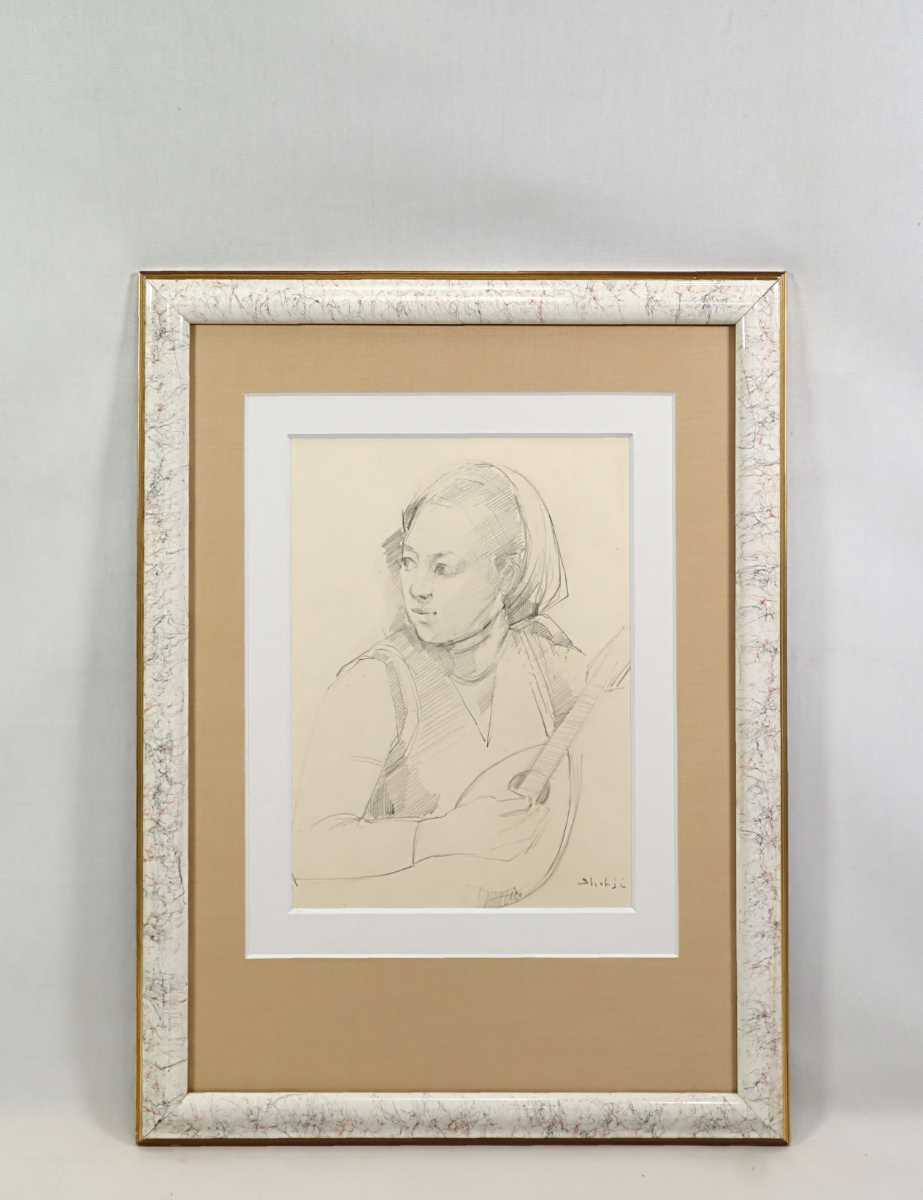 Genuine work by Shoji Kami Pencil sketch of Woman playing the mandolin 24 x 33 cm Born in Tokyo Independent Studied under Tatsushiro Takabatake A strong expressive ability to capture fleeting expressions and gestures 6900, Artwork, Painting, Pencil drawing, Charcoal drawing