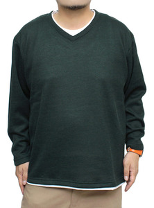 【新品】 2L グリーン ニットソー メンズ 大きいサイズ Vネック フェイクレイヤード 裏起毛 長袖Tシャツ ニット カットソー