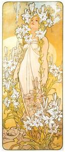 ミュシャ　『花 - 百合 - 』 リトグラフ 1898年 18x42cm 複製 高品質◆ ポスター グラッセ クリムト アールヌーヴォー 版画