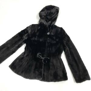 【七福】fk1003 NAFA MINK ハーフコート デザインコート ミンクコート ブラックミンク フード付コート 貂皮 mink身丈 約 63cm