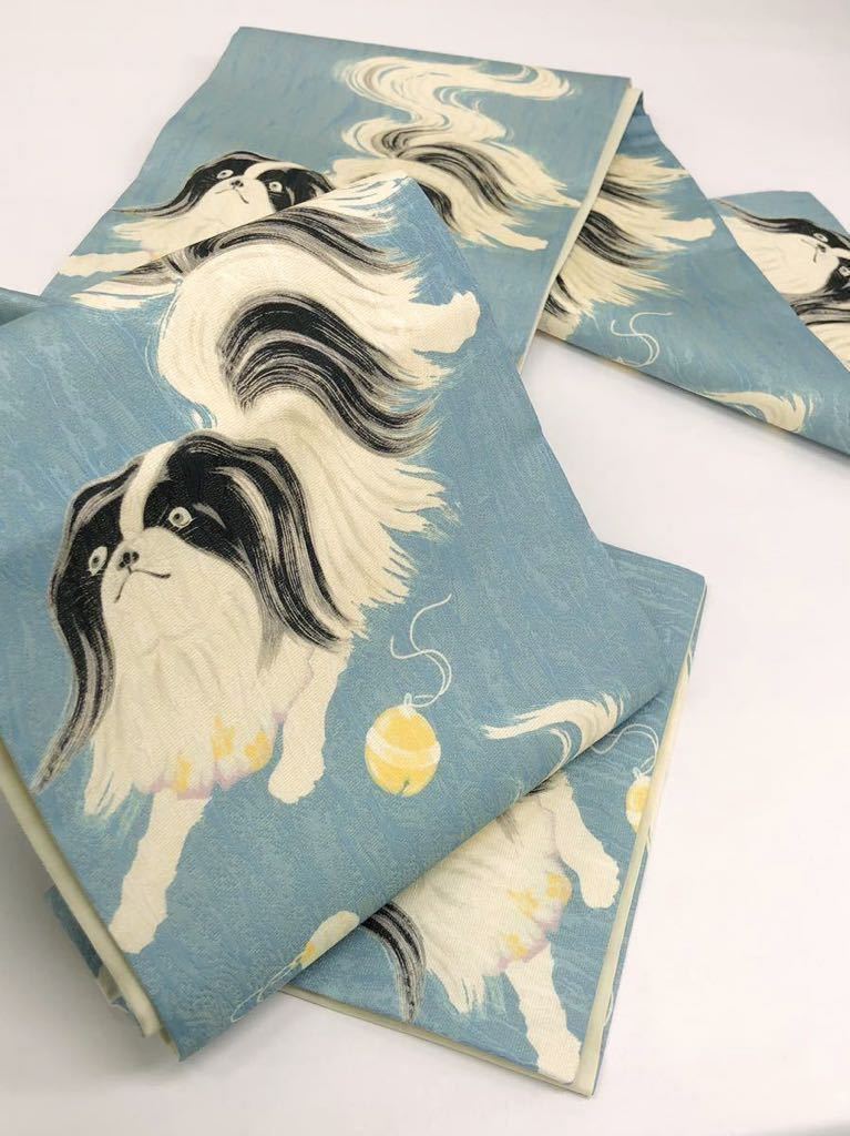 狆 袋帯 銀通し生地 犬 鈴 正絹 金属風糸含 全通(新品)のヤフオク落札情報