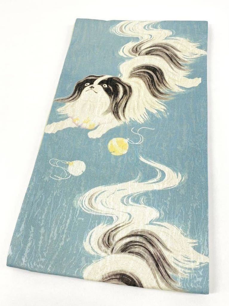 狆 袋帯 銀通し生地 犬 鈴 正絹 金属風糸含 全通(新品)のヤフオク落札情報