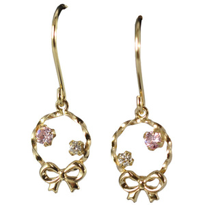 K10 yellow gold earrings Circle design earrings pink Cubic Zirconia ribbon CZ 10 gold K10YG