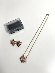 ★格安出品！！ 花 ミニチュア ビンテージ イアリング ネックレス セット ゴールド ピンク レディース アクセサリー 小物 装飾 M121916