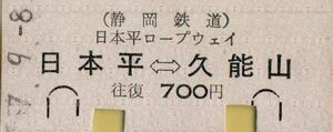 ◇　(静岡鉄道)　日本ロープウェイ 日本平 ←→ 久能山　？７.９.８　　往復 券　７００円　