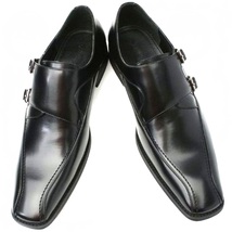 黒 25cm お手入れ簡単 雨に強い合皮ビジネスシューズ ダブルモンク紳士靴 ゆったり幅広 某有名靴メーカー同工場制作 本州送料無料 U2463_画像3