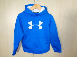 377◆UNDER ARMOUR プルオーバーフーディー◆アンダーアーマー sizeYSM ブルー色 ポリ素材 裏起毛 子ども トップス 4L