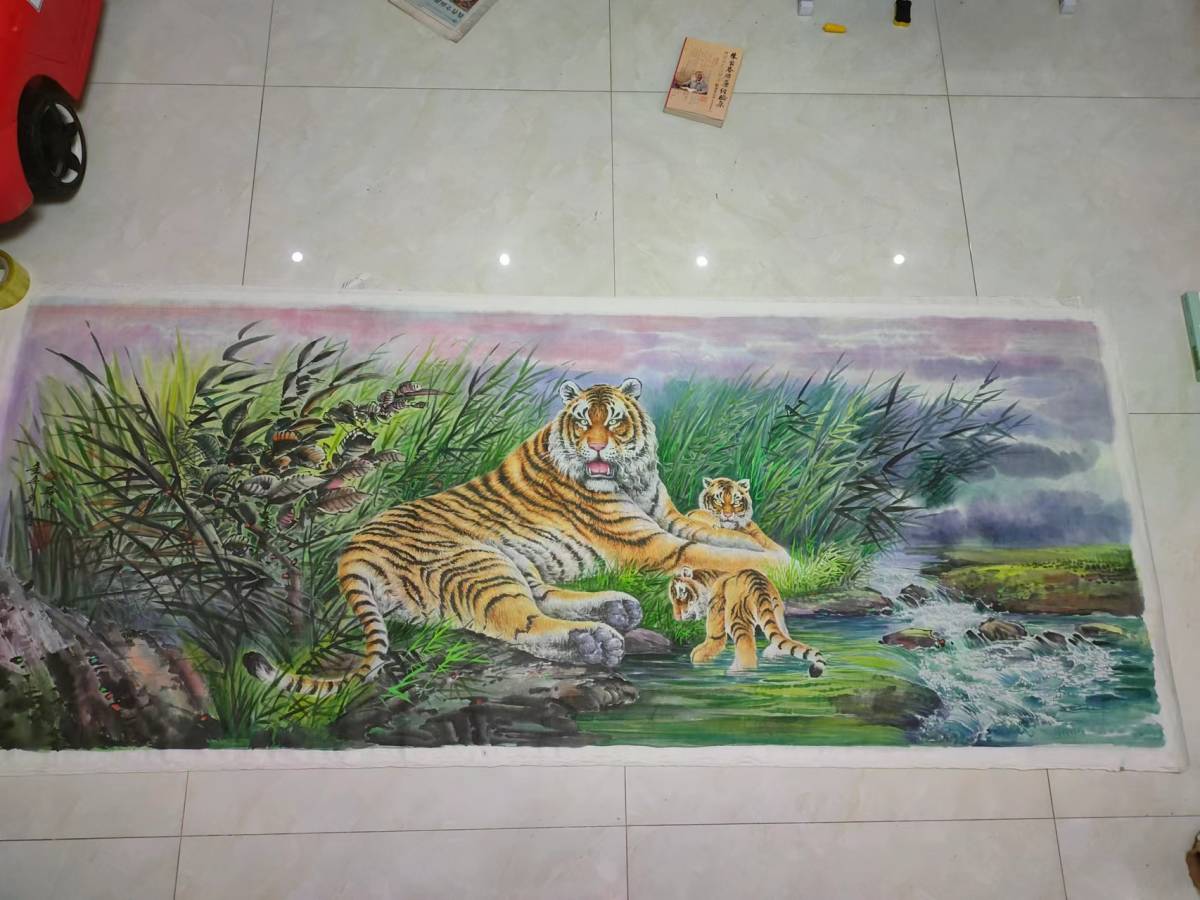 ★Korean first-class painter, ink painting, Tora, parent and child love★Dimensions: 238X96cm, Painting, watercolor, Nature, Landscape painting