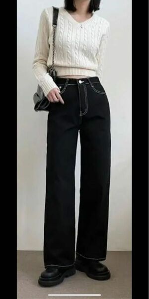 【新品・未使用】韓国ファッション　ステッチワイドパンツ
