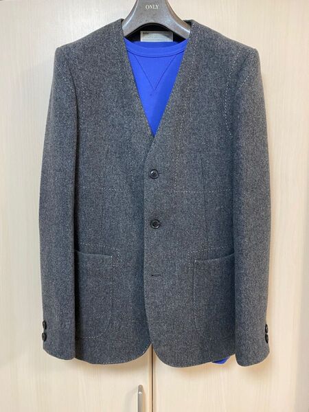 カラー ノーカラージャケット カシミヤ ウール ステッチ入り メンズ