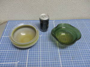 マルティガラス　器、ボウル2点　(緑・白と茶)　検　 アンティーク、コレクション 工芸品 ガラス 工芸ガラス