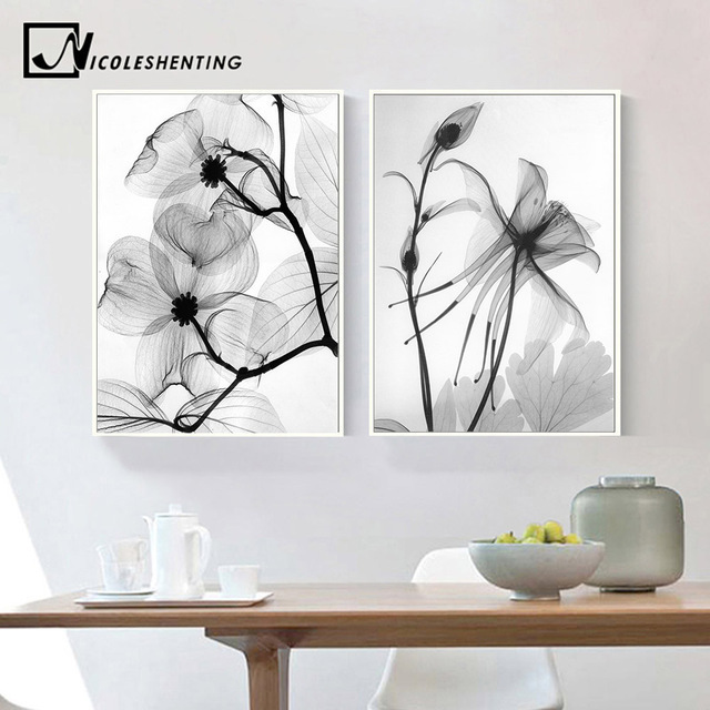 꽃 흑백 검정색과 흰색 투명 유행의 섬세하고 아름다운 그림 사진 내부 꽃 현대 미술 장식, 삽화, 그림, 다른 사람
