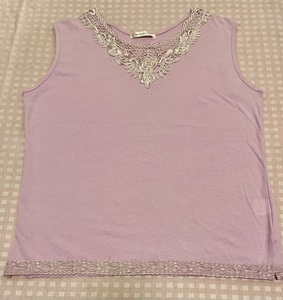 刺繍・ストーン　綿１００・ノースリTシャツ　LLサイズ　ピンク