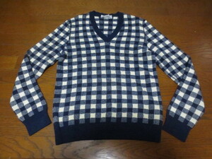 YVES SAINT LAURENT MADE IN ITALY Yves Saint-Laurent long sleeve cashmere & cotton knitted check pattern V neck sweater M navy blue series × cream color 