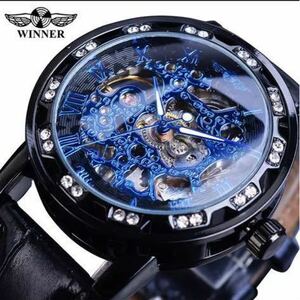 J278★海外トップブランド WINNER メンズ高級腕時計 機械式スケルトンダイヤル レザーバンド ブラックブルー