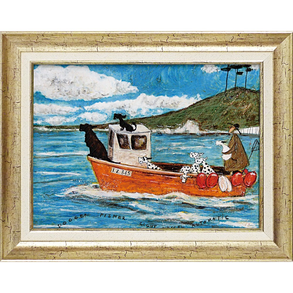 Gerahmtes Gemälde Hund, Fischer und kleines Boot von Sam Toft, Kunstwerk, Malerei, Andere