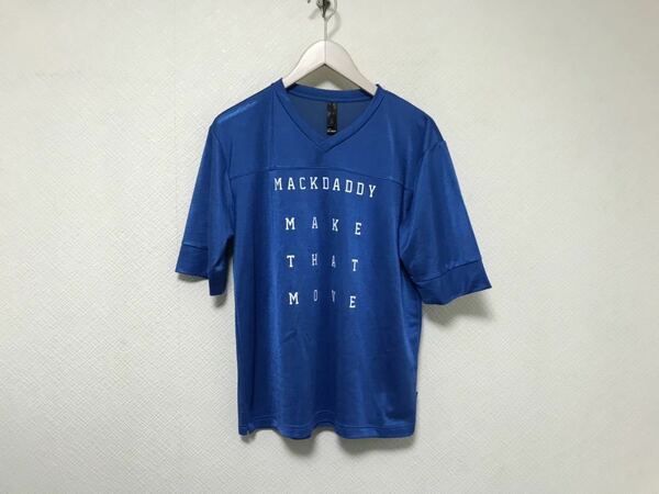 本物マックダディーMACKDADDYロゴプリントVネック半袖TシャツメンズアメカジサーフミリタリーストリートスケーターM日本製青ブルースポーツ