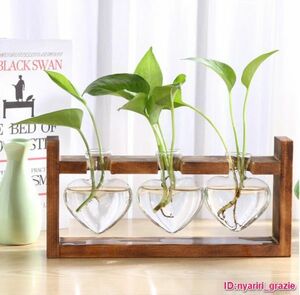 ガラスと木花瓶 テーブル プランター テラリウム 植物 盆栽 フラワーポット 木製 装飾 ハート ホームデコレーション 送料無料 2