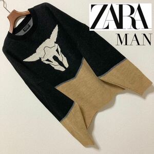良品■ZARA MAN ザラ■牛骨 ボーン オーバーサイズ ニット セーター L ブラック ライトブラウン アルパカ混 ショートホーン スカルヘッド