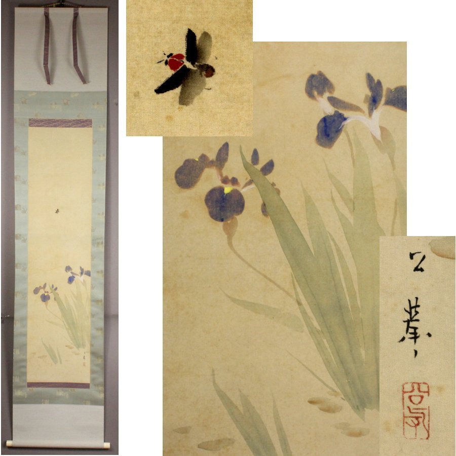 Gen [Buy it now, free shipping] Master Mori Kokyo's brush, Iris and fireflies / box included, Painting, Japanese painting, Flowers and Birds, Wildlife