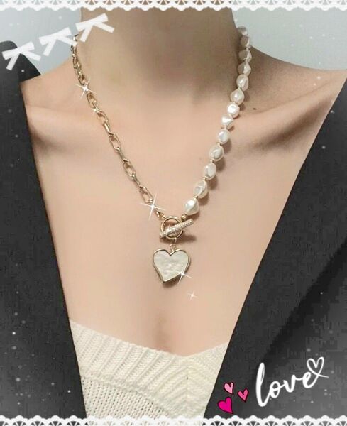 《新品》パールデコレ☆ハートチャーム OTバックル ☆ネックレス