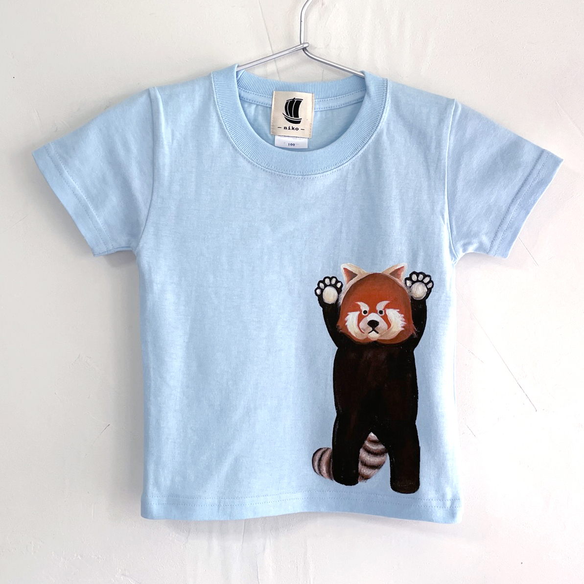 Kids T-shirt, size 150, blue, red panda print T-shirt, handmade, hand-drawn T-shirt, animal, tops, Short sleeve T-shirt, 150(145~154cm)